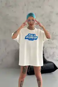 Kadın Kısa Kol Yazlık Tişört Bisiklet Yaka Baskılı Oversize T-Shirt - Beyaz
