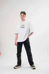 Erkek Kısa Kol Yazlık Tişört Bisiklet Yaka Baskılı Oversize T-Shirt -  Beyaz