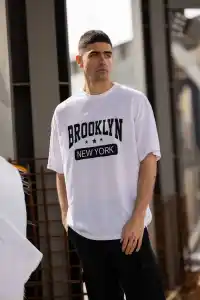 Erkek Kısa Kol Yazlık Tişört Bisiklet Yaka Baskılı Oversize T-Shirt - Beyaz