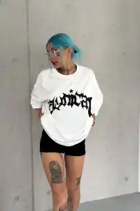 kadın Bisiklet Yaka Baskılı Oversize  Kısa kol T-Shirt - Beyaz