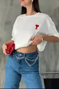 Kadın Tişört Bisiklet Yaka Baskılı Oversize Kısa Kol T-Shirt - Beyaz