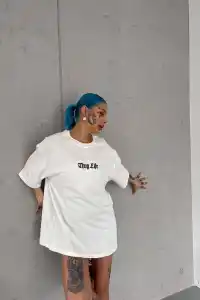 Kadın Kısa Kol Yazlık Tişört Bisiklet Yaka Baskılı Oversize T-Shirt - Beyaz