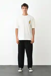 Erkek Kısa Kol Yazlık Tişört Bisiklet Yaka Baskılı Oversize T-Shirt - Beyaz