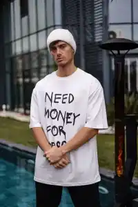 Erkek Kısa Kol Yazlık Tişört Bisiklet Yaka Baskılı Oversize T-Shirt - Beyaz