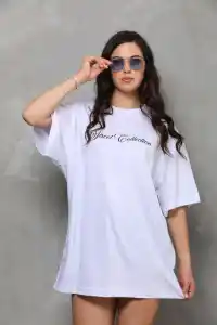 Kadın Baskılı T-Shirt Kısa Kol Bisiklet Yaka Oversize Rahat Kalıp Günlük Tişört - Beyaz