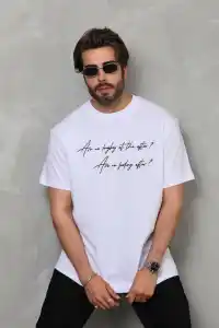 Erkek Kısa Kol Yazlık Tişört Bisiklet Yaka Baskılı Oversize T-Shirt - Beyaz