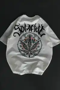 Kadın Baskılı T-Shirt Kısa Kol Bisiklet Yaka Oversize Rahat Kalıp Günlük Tişört   - Beyaz