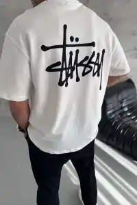 Erkek Tişört Bisiklet Yaka Baskılı Oversize Kısa kol T-Shirt - Beyaz