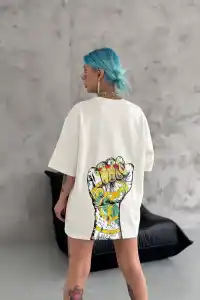 Kadın Kısa Kol Yazlık Tişört Bisiklet Yaka Baskılı Oversize T-Shirt - Beyaz