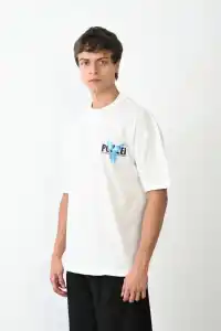 Erkek Baskılı T-Shirt Kısa Kol Bisiklet Yaka Regular Fit Rahat Kalıp Günlük Tişört - Beyaz