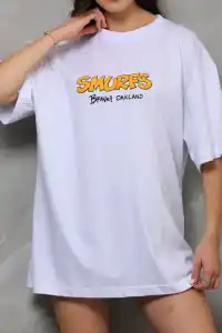 kadın Bisiklet Yaka Baskılı Oversize T-Shirt - Beyaz