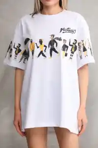 kadın Bisiklet Yaka Baskılı Oversize T-Shirt - Beyaz