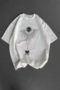 Erkek Kısa Kol Tişört Bisiklet Yaka GÜL Baskılı Oversize T-Shirt - Beyaz