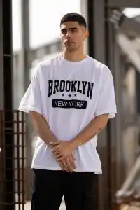 Erkek Kısa Kol Yazlık Tişört Bisiklet Yaka Baskılı Oversize T-Shirt - Beyaz