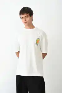 Erkek Kısa Kol Yazlık Tişört Bisiklet Yaka Baskılı Oversize T-Shirt - Beyaz