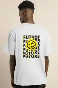 Erkek Kısa Kol Yazlık Tişört Bisiklet Yaka Baskılı Oversize T-Shirt - Beyaz