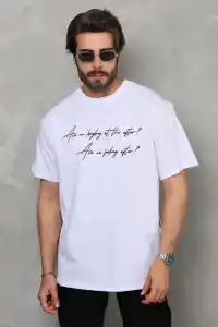 Erkek Kısa Kol Yazlık Tişört Bisiklet Yaka Baskılı Oversize T-Shirt - Beyaz