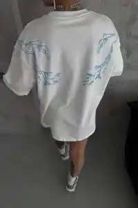 Kadın Tişort Bisiklet Yaka Yıldırım Şimşek Baskılı Kısa kol T-Shirt - Beyaz