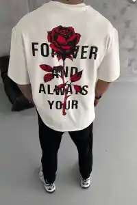 Erkek Kısa Kol Tişört Bisiklet Yaka GÜL Baskılı Oversize T-Shirt - Beyaz
