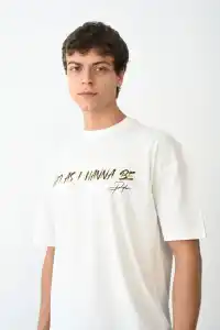 Erkek Baskılı T-Shirt Kısa Kol Bisiklet Yaka Regular Fit Rahat Kalıp Günlük Tişört- Beyaz