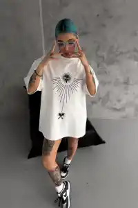kadın Bisiklet Yaka Baskılı Oversize  Kısa kol T-Shirt - Beyaz