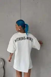 Kadın Kısa Kol Yazlık Tişört Bisiklet Yaka Baskılı Oversize T-Shirt - Beyaz