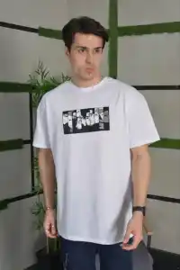 Erkek Kısa Kol Yazlık Tişört Bisiklet Yaka Baskılı Oversize T-Shirt - Beyaz