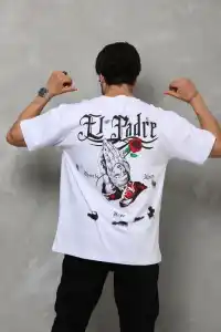 Erkek Kısa Kol Yazlık Tişört Bisiklet Yaka Baskılı Oversize T-Shirt - Beyaz