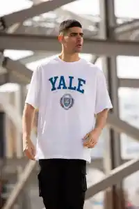 Erkek Kısa Kol Yazlık Tişört Bisiklet Yaka YALE Baskılı  T-Shirt - Beyaz