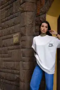 kadın Tişort Bisiklet Yaka Baskılı yazlık Kısa kol Oversize T-Shirt - Beyaz