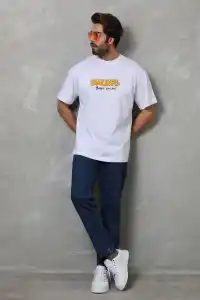 Erkek Kısa Kol Yazlık Tişört Bisiklet Yaka Baskılı Oversize T-Shirt - Beyaz
