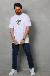 Erkek Baskılı T-Shirt Kısa Kol Bisiklet Yaka Regular Fit Rahat Kalıp Tişört -  Beyaz