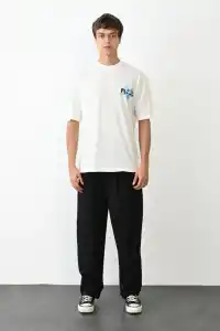 Erkek Baskılı T-Shirt Kısa Kol Bisiklet Yaka Regular Fit Rahat Kalıp Günlük Tişört - Beyaz