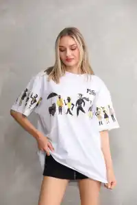kadın Bisiklet Yaka Baskılı Oversize T-Shirt - Beyaz