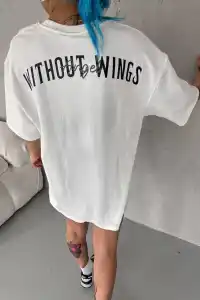Kadın Kısa Kol Yazlık Tişört Bisiklet Yaka Baskılı Oversize T-Shirt - Beyaz