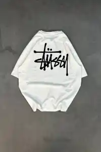 Erkek Tişört Bisiklet Yaka Baskılı Oversize Kısa kol T-Shirt - Beyaz