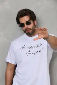 Erkek Kısa Kol Yazlık Tişört Bisiklet Yaka Baskılı Oversize T-Shirt - Beyaz