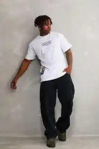 Erkek Bisiklet Yaka Baskılı Oversize T-Shirt - Beyaz