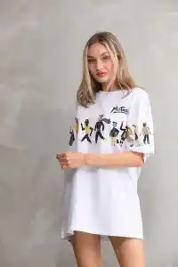 kadın Bisiklet Yaka Baskılı Oversize T-Shirt - Beyaz