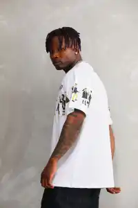 Erkek Kısa Kol Yazlık Tişört Bisiklet Yaka Baskılı Oversize T-Shirt - Beyaz