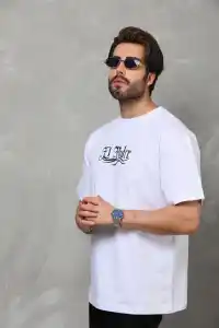 Erkek Kısa Kol Yazlık Tişört Bisiklet Yaka Baskılı Oversize T-Shirt - Beyaz