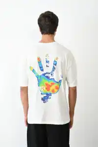 Erkek Kısa Kol Yazlık Tişört Bisiklet Yaka Baskılı Oversize T-Shirt - Beyaz