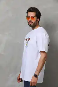 Erkek Baskılı T-Shirt Kısa Kol Bisiklet Yaka Regular Fit Rahat Kalıp Tişört -  Beyaz