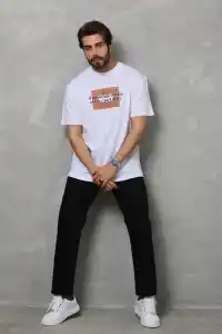 Erkek Baskılı T-Shirt Kısa Kol Bisiklet Yaka Regular Fit Rahat Kalıp Tişört -  Beyaz