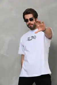 Erkek Kısa Kol Yazlık Tişört Bisiklet Yaka Baskılı Oversize T-Shirt - Beyaz