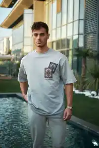 Erkek Kısa Kol Yazlık Tişört Bisiklet Yaka Baskılı Oversize T-Shirt - Boyalı Gri