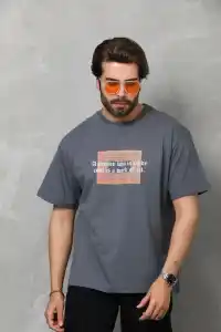 Erkek Baskılı T-Shirt Kısa Kol Bisiklet Yaka Regular Fit Rahat Kalıp Tişört -  Füme