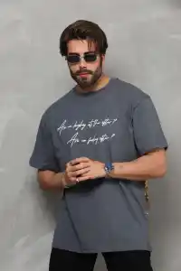 Erkek Kısa Kol Yazlık Tişört Bisiklet Yaka Baskılı Oversize T-Shirt - Füme