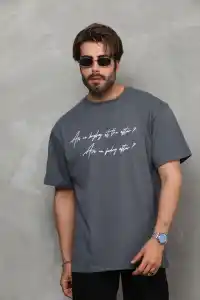 Erkek Kısa Kol Yazlık Tişört Bisiklet Yaka Baskılı Oversize T-Shirt - Füme