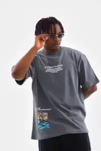 Erkek Tişort  Bisiklet Yaka Baskılı Oversize T-Shirt - Gri